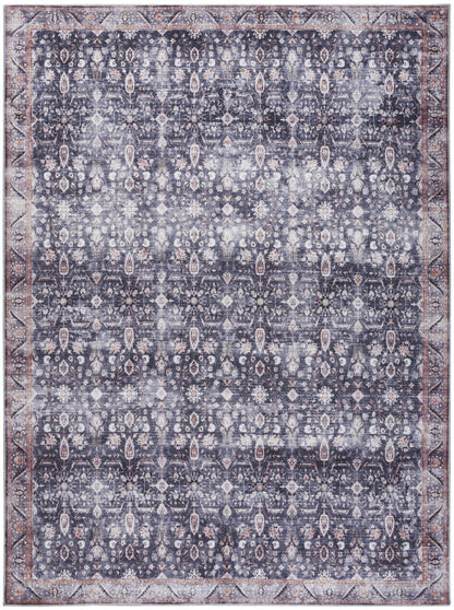 5' X 7' Blue and Ivory Oriental Power Loom Distressed Washable Non Skid Area Rug