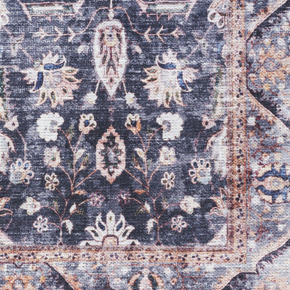 5' X 7' Blue and Ivory Oriental Power Loom Distressed Washable Non Skid Area Rug