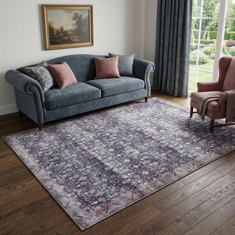 5' X 7' Blue and Ivory Oriental Power Loom Distressed Washable Non Skid Area Rug
