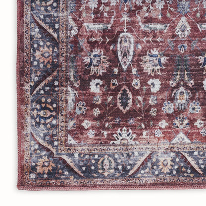 5' X 7' Red and Ivory Oriental Power Loom Distressed Washable Non Skid Area Rug