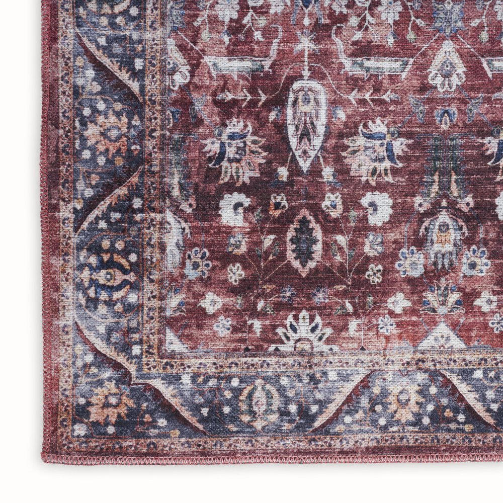 5' X 7' Red and Ivory Oriental Power Loom Distressed Washable Non Skid Area Rug