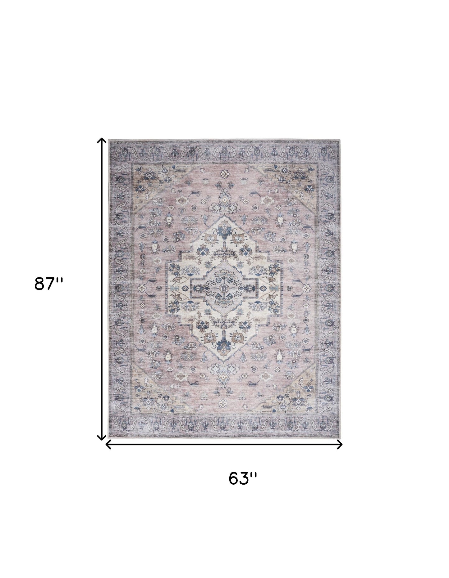 5' X 7' Pink and Blue Oriental Power Loom Distressed Washable Non Skid Area Rug