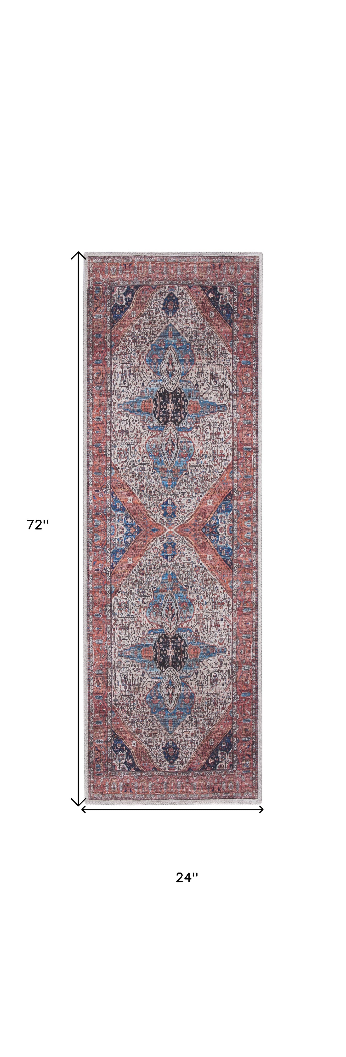 6' Red and Ivory Oriental Power Loom Distressed Washable Non Skid Runner Rug