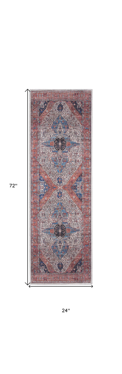 6' Red and Ivory Oriental Power Loom Distressed Washable Non Skid Runner Rug