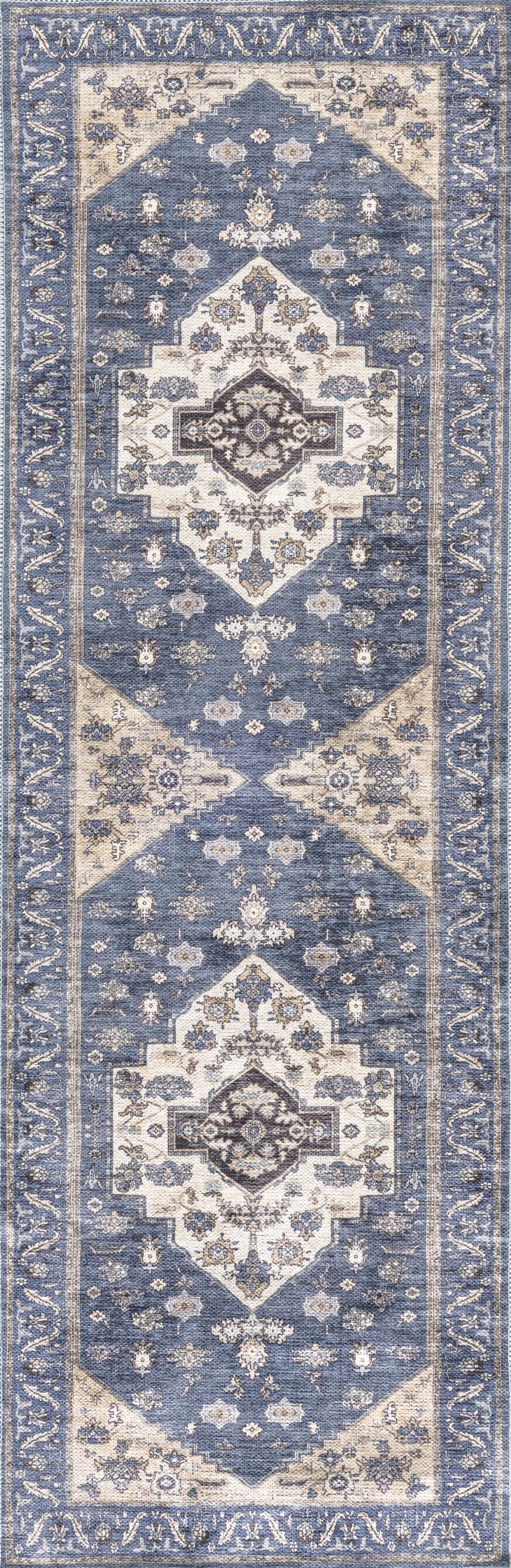 6' Blue and Ivory Oriental Power Loom Distressed Washable Non Skid Runner Rug