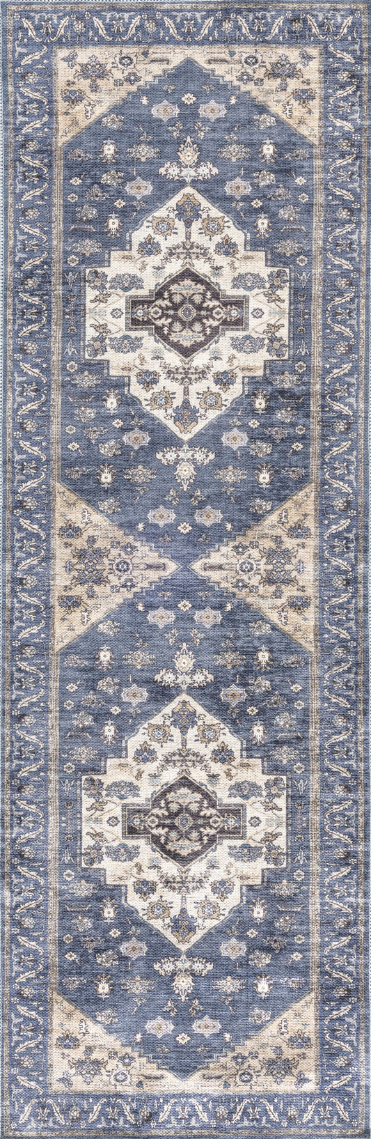 6' Blue and Ivory Oriental Power Loom Distressed Washable Non Skid Runner Rug