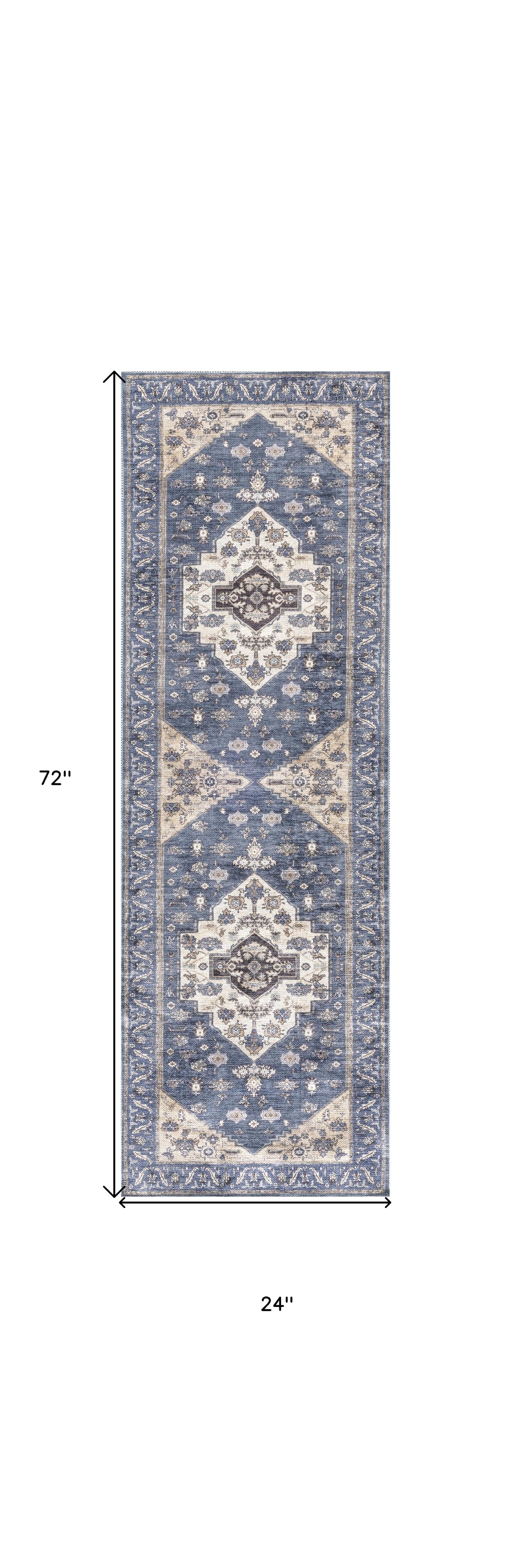 6' Blue and Ivory Oriental Power Loom Distressed Washable Non Skid Runner Rug