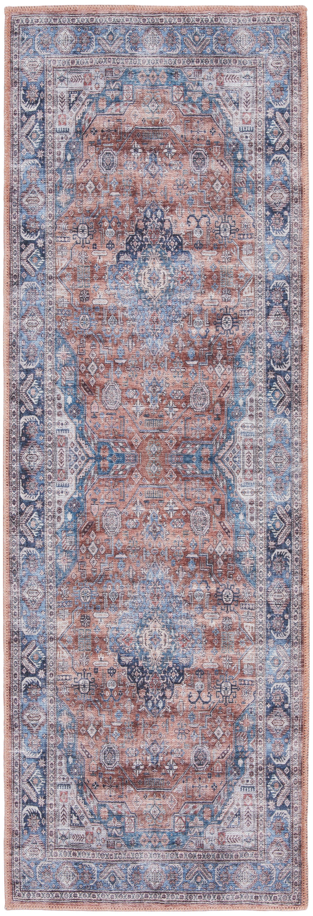 6' Blue and Red Oriental Power Loom Distressed Washable Non Skid Runner Rug