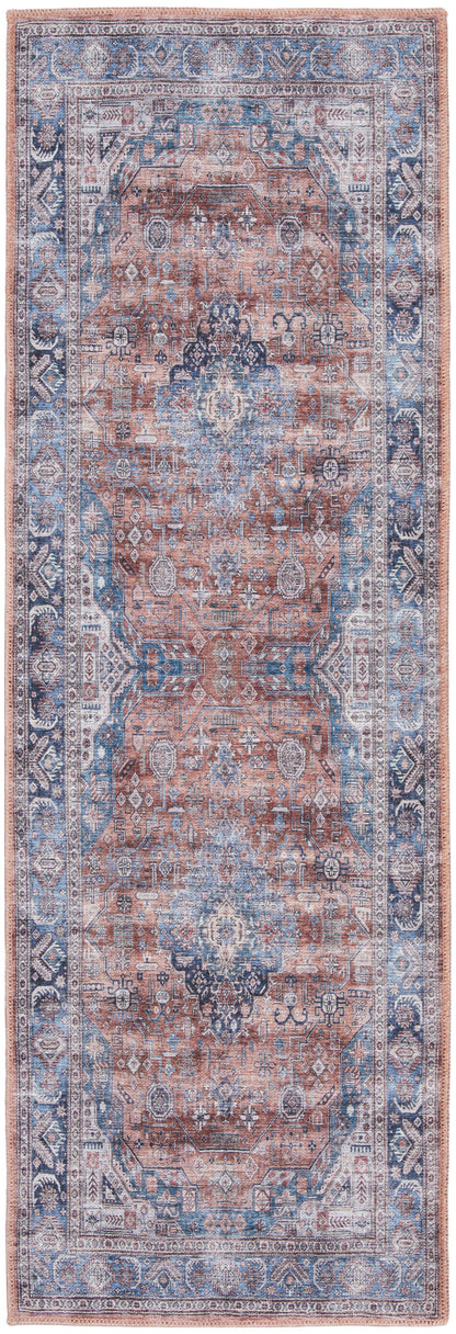 6' Blue and Red Oriental Power Loom Distressed Washable Non Skid Runner Rug