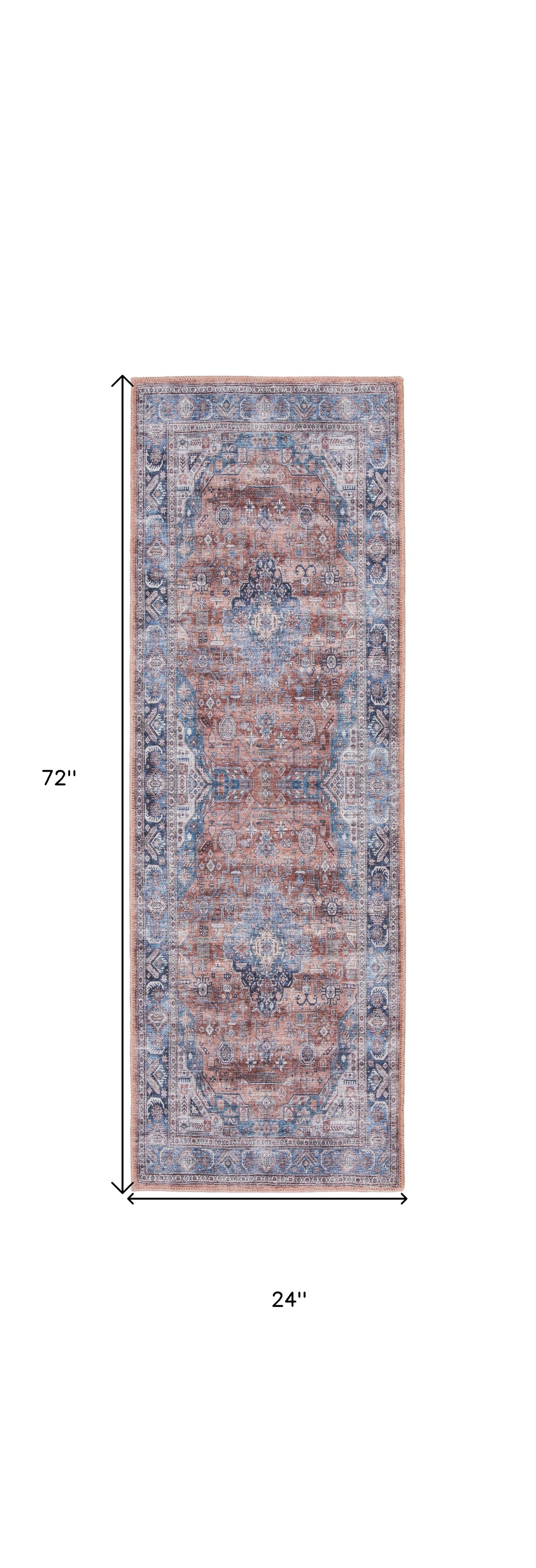 6' Blue and Red Oriental Power Loom Distressed Washable Non Skid Runner Rug