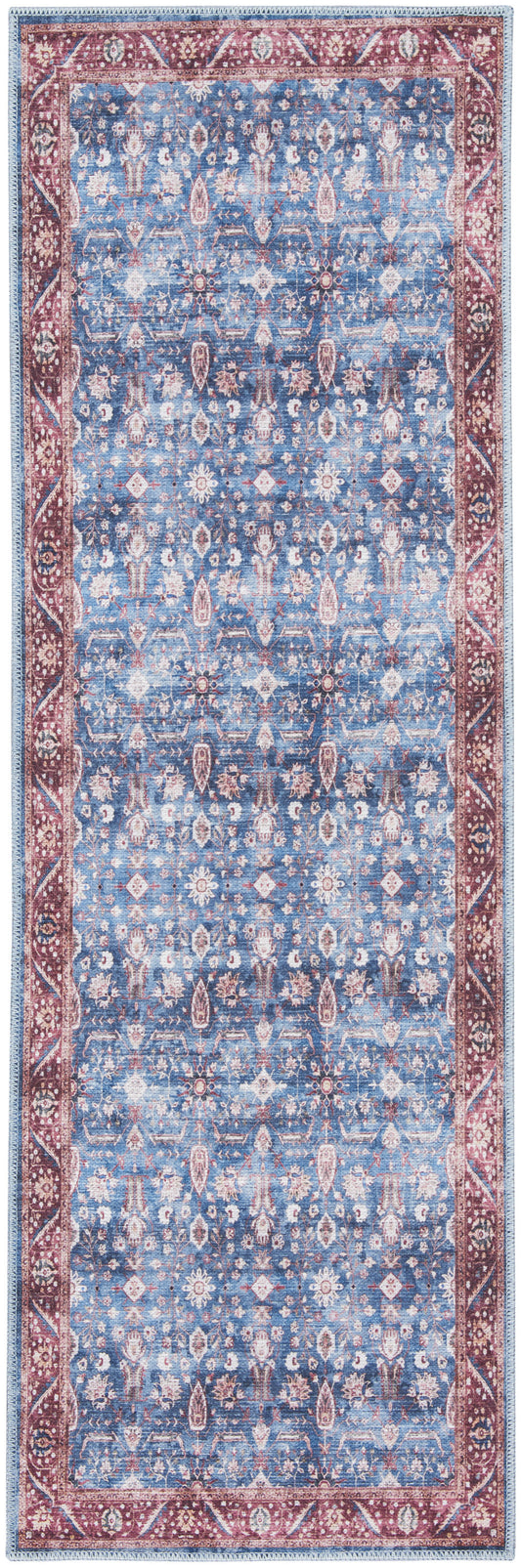 6' Blue and Red Oriental Power Loom Distressed Washable Non Skid Runner Rug