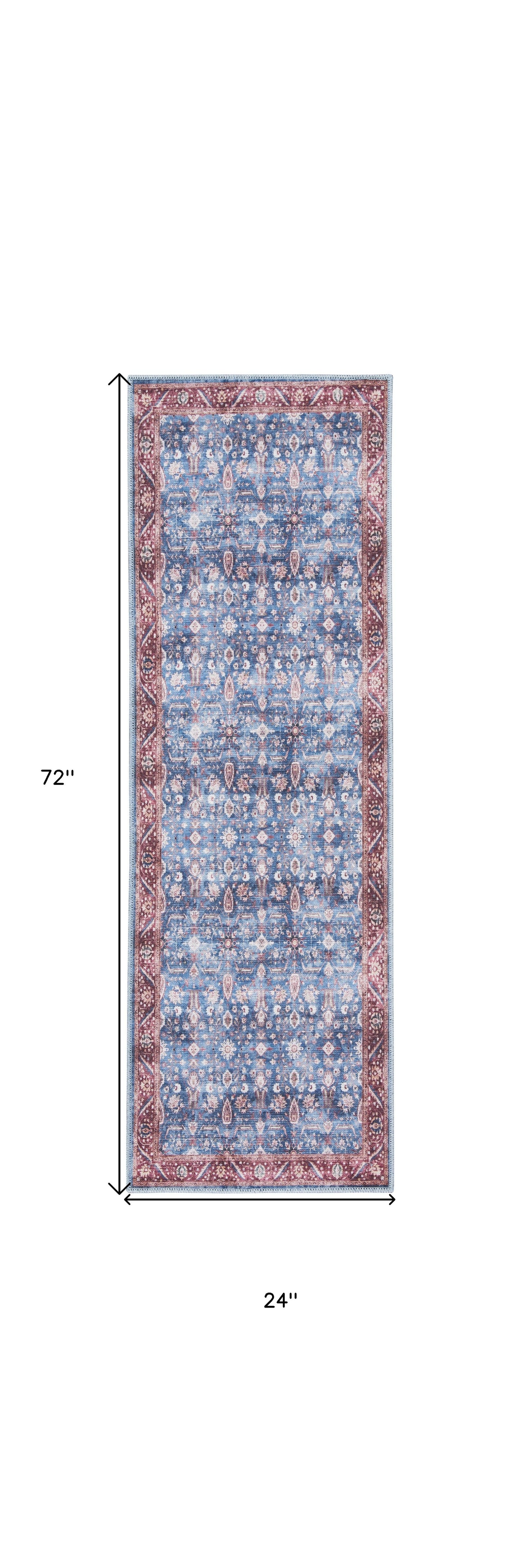 6' Blue and Red Oriental Power Loom Distressed Washable Non Skid Runner Rug