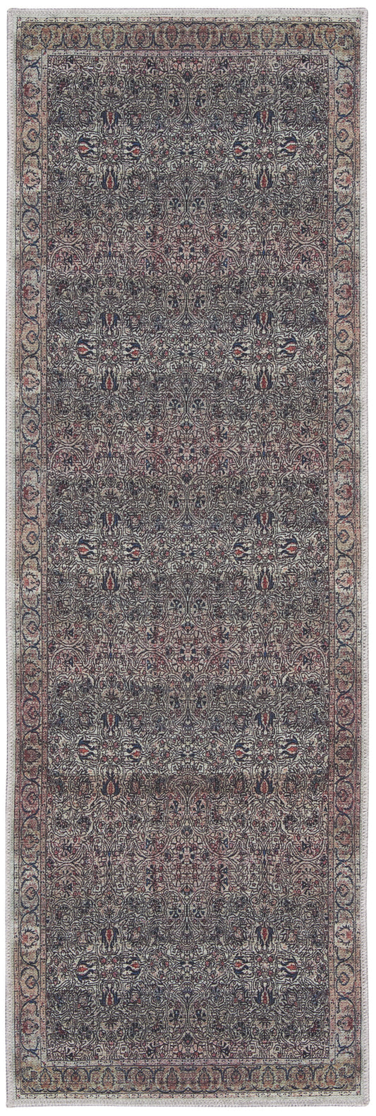 6' Blue and Brown Oriental Power Loom Distressed Washable Non Skid Runner Rug