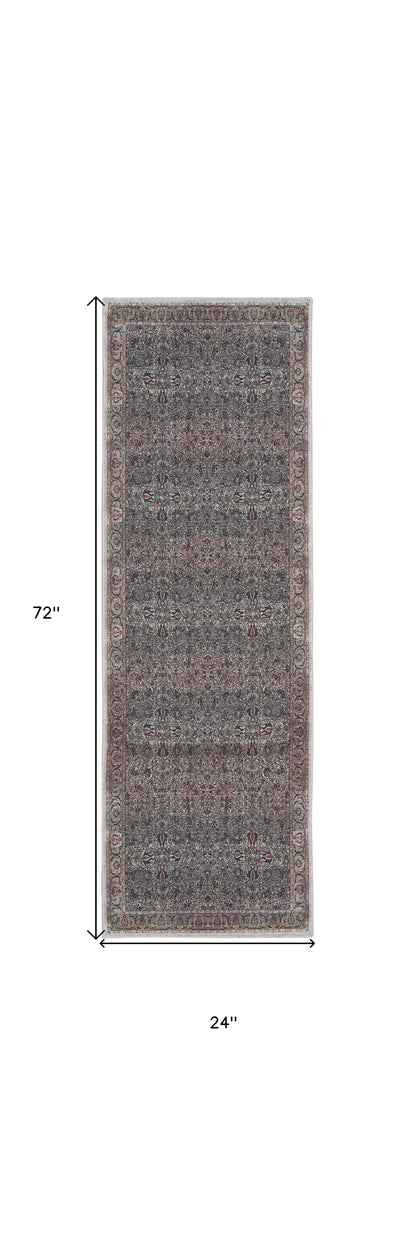 6' Blue and Brown Oriental Power Loom Distressed Washable Non Skid Runner Rug