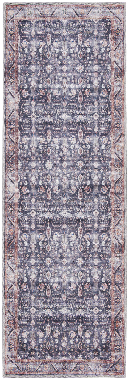 6' Blue and Ivory Oriental Power Loom Distressed Washable Non Skid Runner Rug