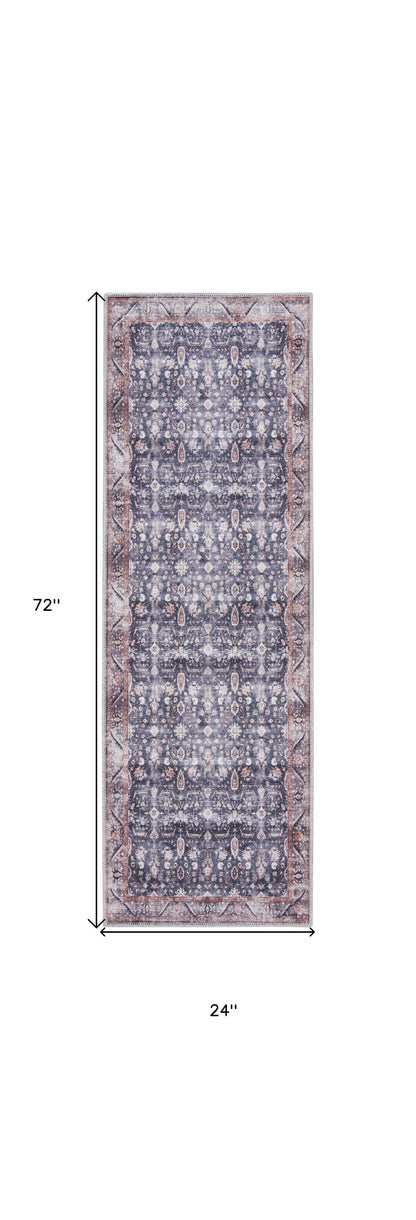 6' Blue and Ivory Oriental Power Loom Distressed Washable Non Skid Runner Rug