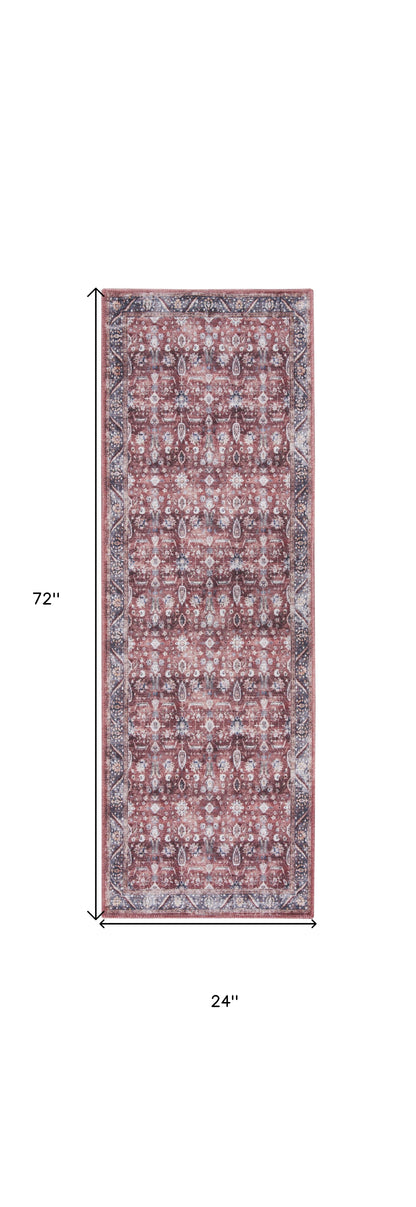 6' Red and Ivory Oriental Power Loom Distressed Washable Non Skid Runner Rug