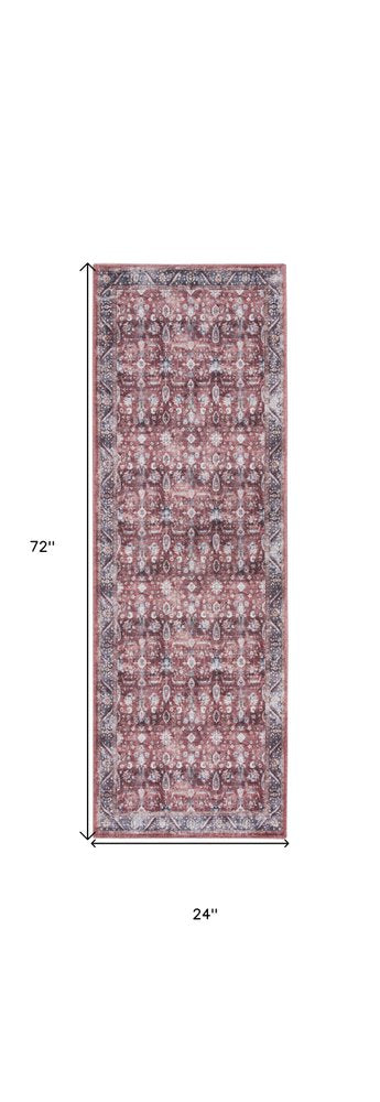 6' Red and Ivory Oriental Power Loom Distressed Washable Non Skid Runner Rug