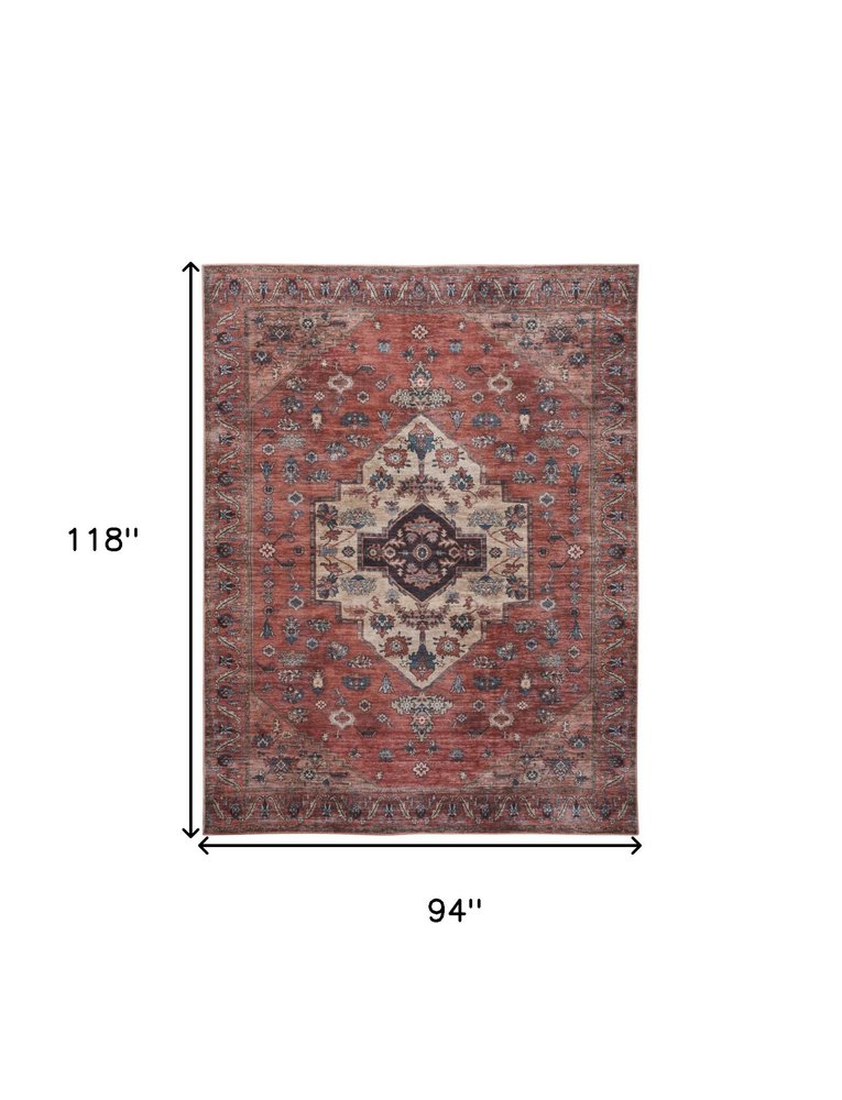 8' X 10' Blue and Red Oriental Power Loom Distressed Washable Non Skid Area Rug