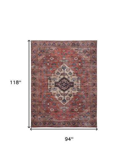 8' X 10' Blue and Red Oriental Power Loom Distressed Washable Non Skid Area Rug