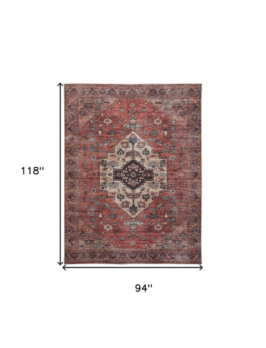 8' X 10' Blue and Red Oriental Power Loom Distressed Washable Non Skid Area Rug