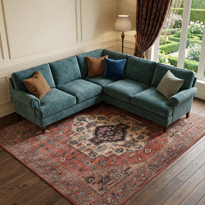 8' X 10' Blue and Red Oriental Power Loom Distressed Washable Non Skid Area Rug