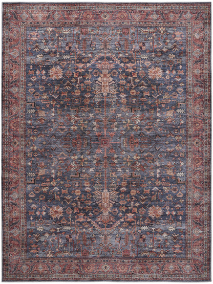 8' X 10' Blue and Red Oriental Power Loom Distressed Washable Non Skid Area Rug