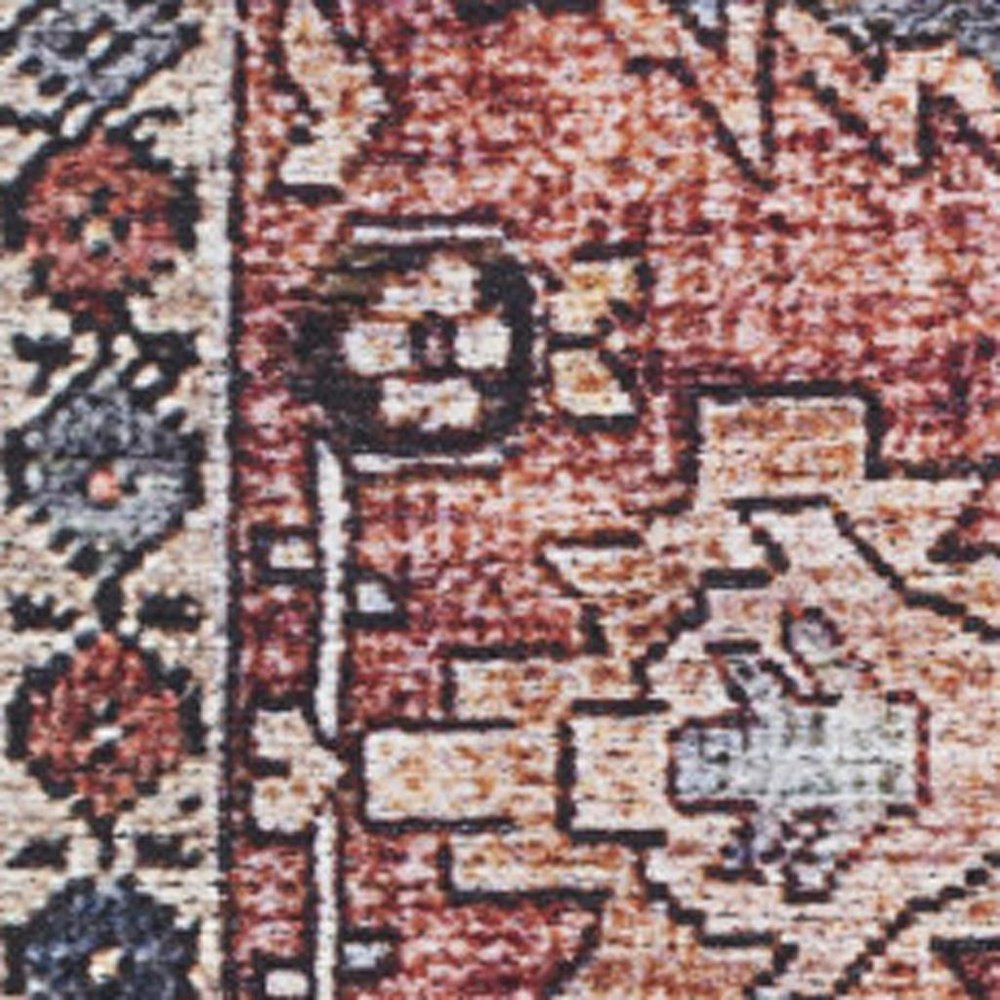 8' X 10' Blue and Red Oriental Power Loom Distressed Washable Non Skid Area Rug