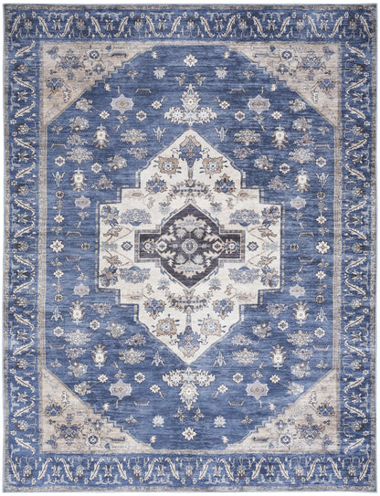 8' X 10' Blue and Beige Oriental Power Loom Distressed Washable Non Skid Area Rug