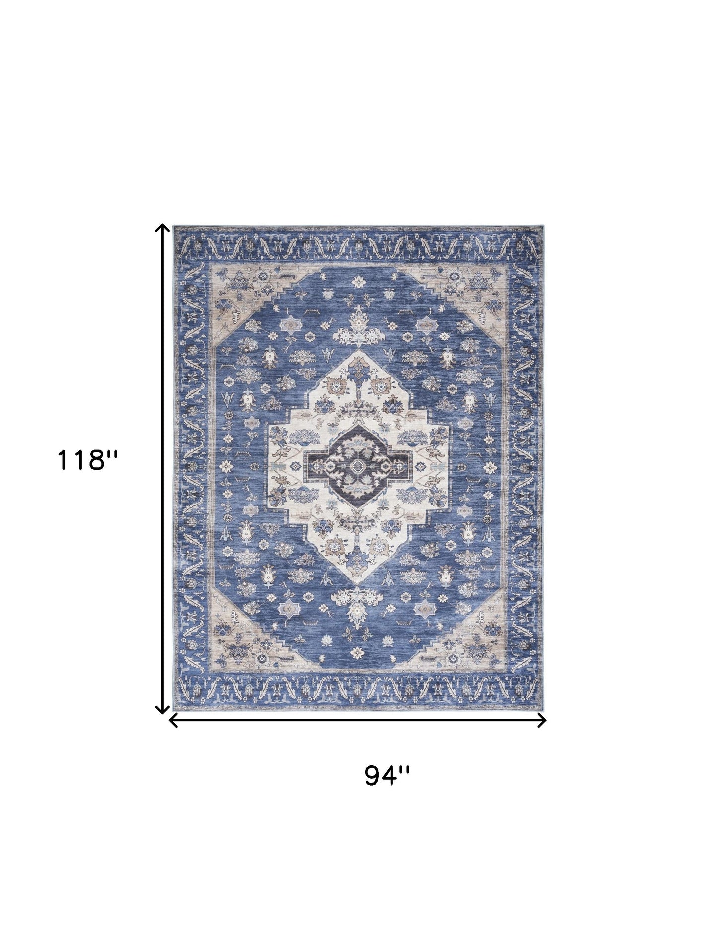 8' X 10' Blue and Beige Oriental Power Loom Distressed Washable Non Skid Area Rug