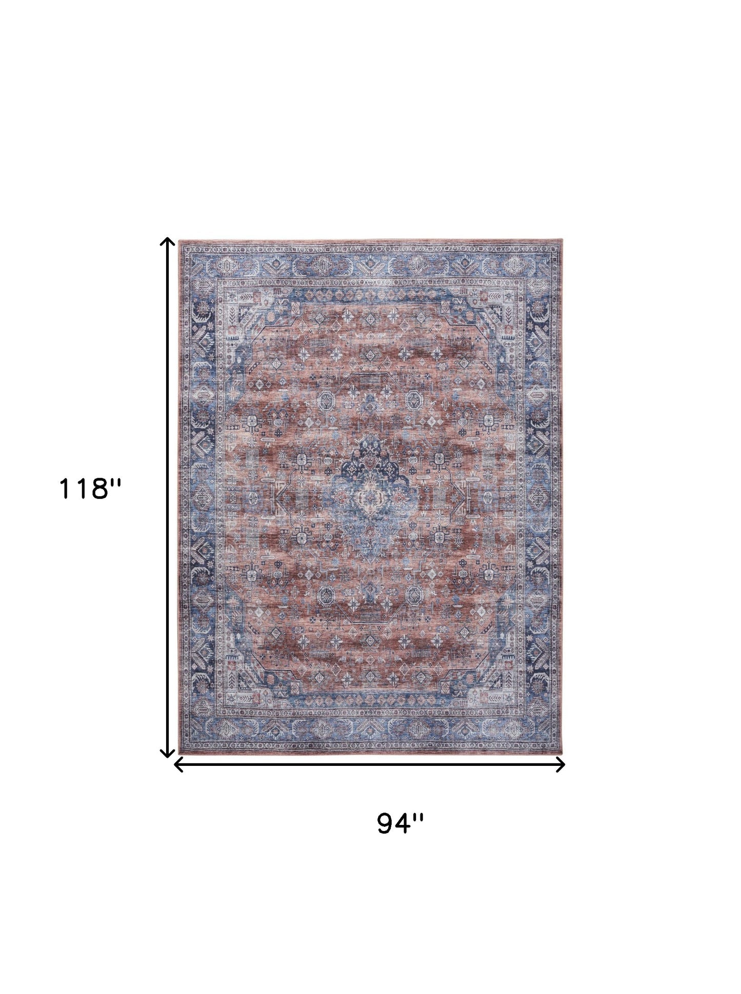 8' X 10' Blue and Red Oriental Power Loom Distressed Washable Non Skid Area Rug