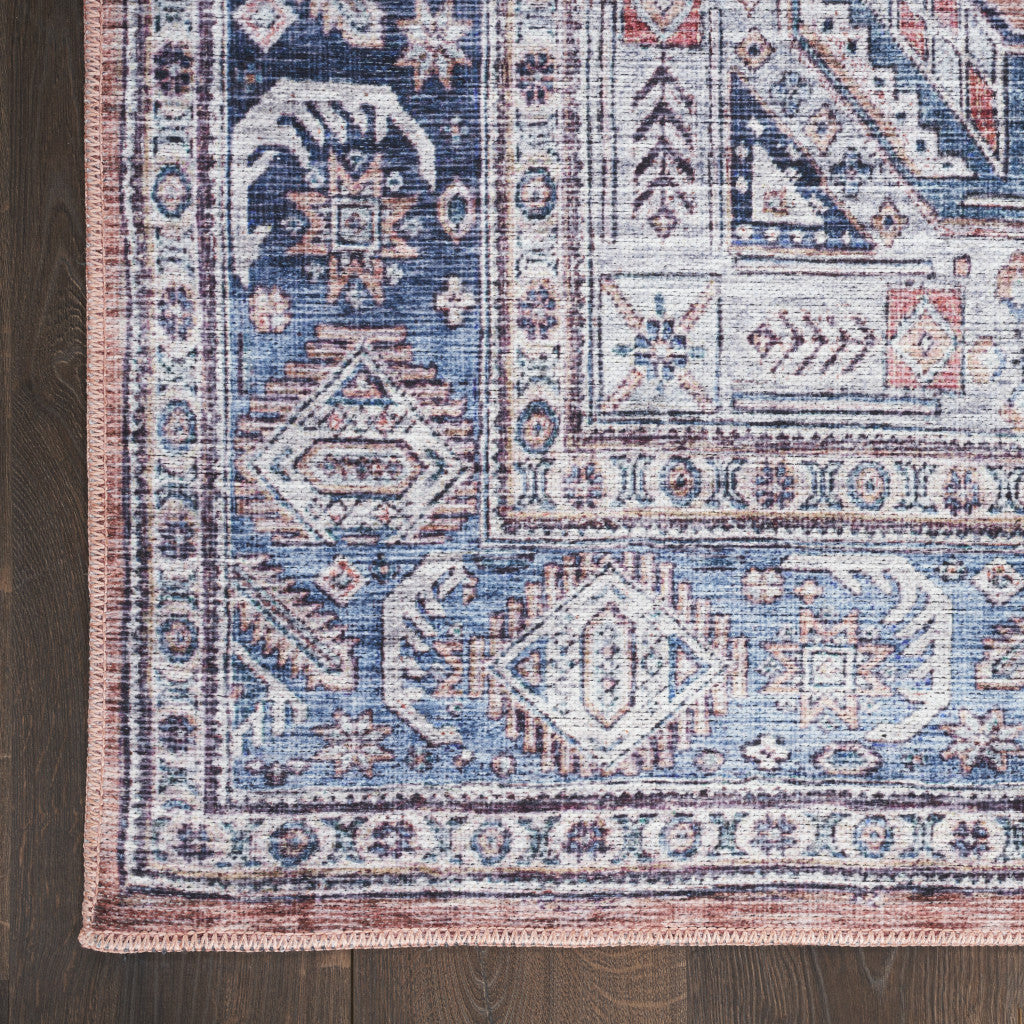 8' X 10' Blue and Red Oriental Power Loom Distressed Washable Non Skid Area Rug