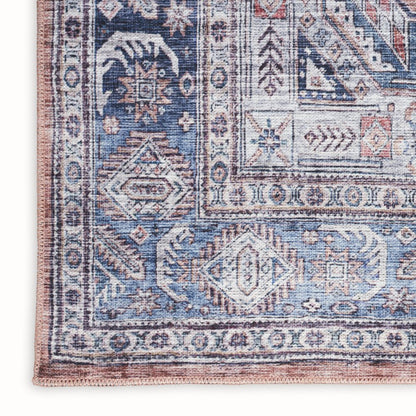 8' X 10' Blue and Red Oriental Power Loom Distressed Washable Non Skid Area Rug