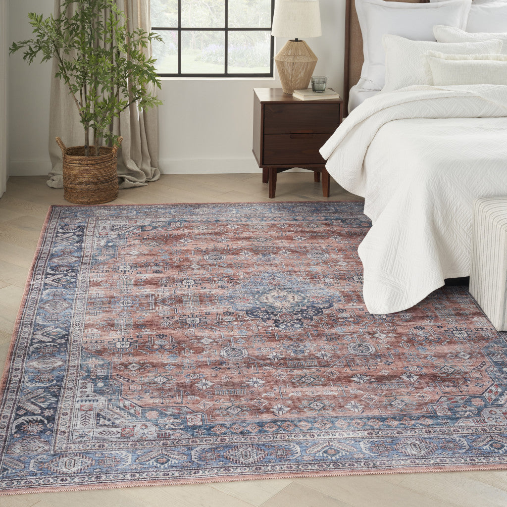 8' X 10' Blue and Red Oriental Power Loom Distressed Washable Non Skid Area Rug