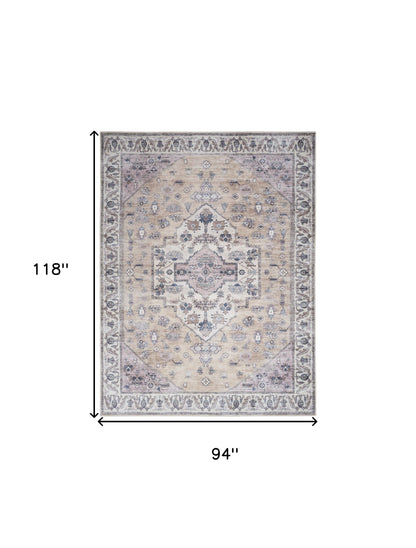 8' X 10' Beige and Gray Oriental Power Loom Distressed Washable Non Skid Area Rug