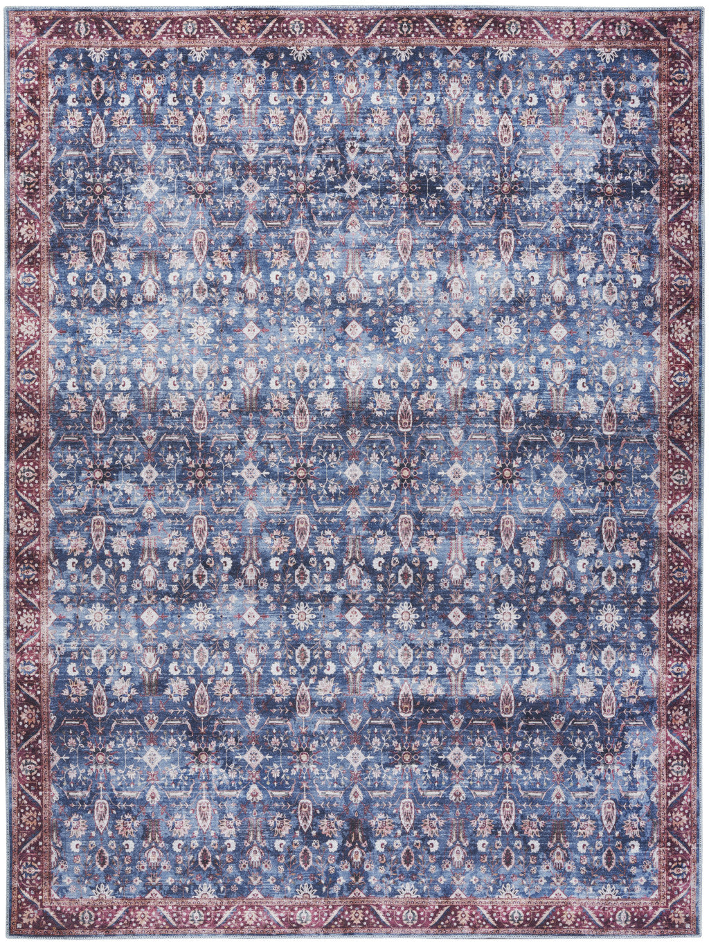 8' X 10' Blue and Red Oriental Power Loom Distressed Washable Non Skid Area Rug