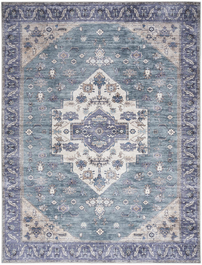 8' X 10' Blue and Green Oriental Power Loom Distressed Washable Non Skid Area Rug