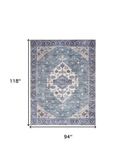 8' X 10' Blue and Green Oriental Power Loom Distressed Washable Non Skid Area Rug