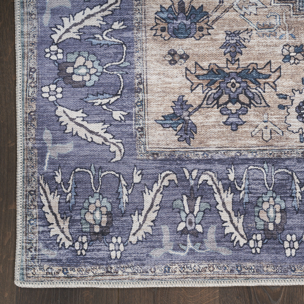 8' X 10' Blue and Green Oriental Power Loom Distressed Washable Non Skid Area Rug