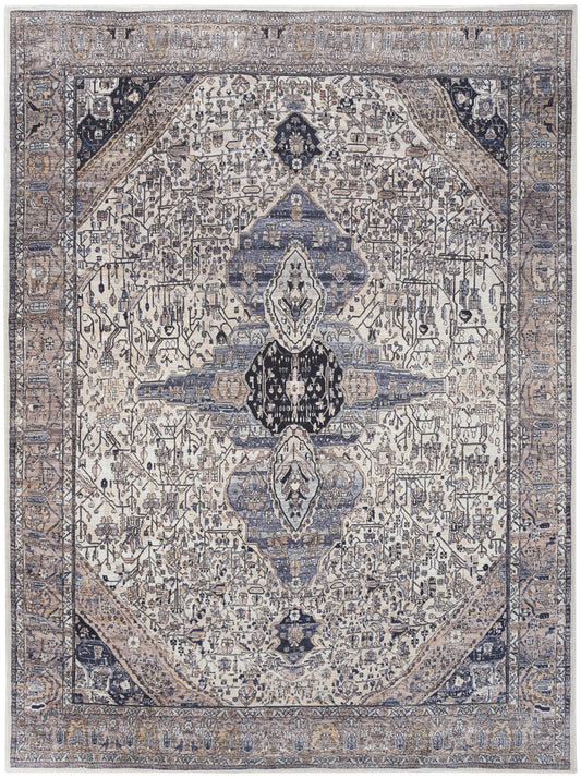 8' X 10' Ivory and Blue Oriental Power Loom Distressed Washable Non Skid Area Rug