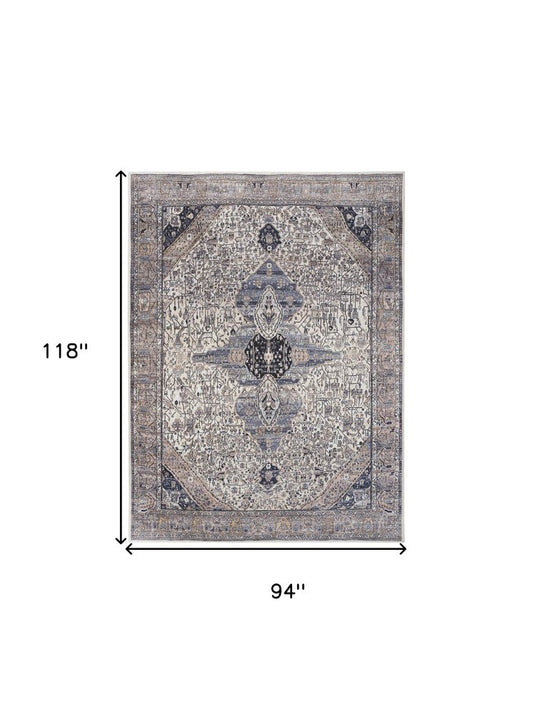 8' X 10' Ivory and Blue Oriental Power Loom Distressed Washable Non Skid Area Rug