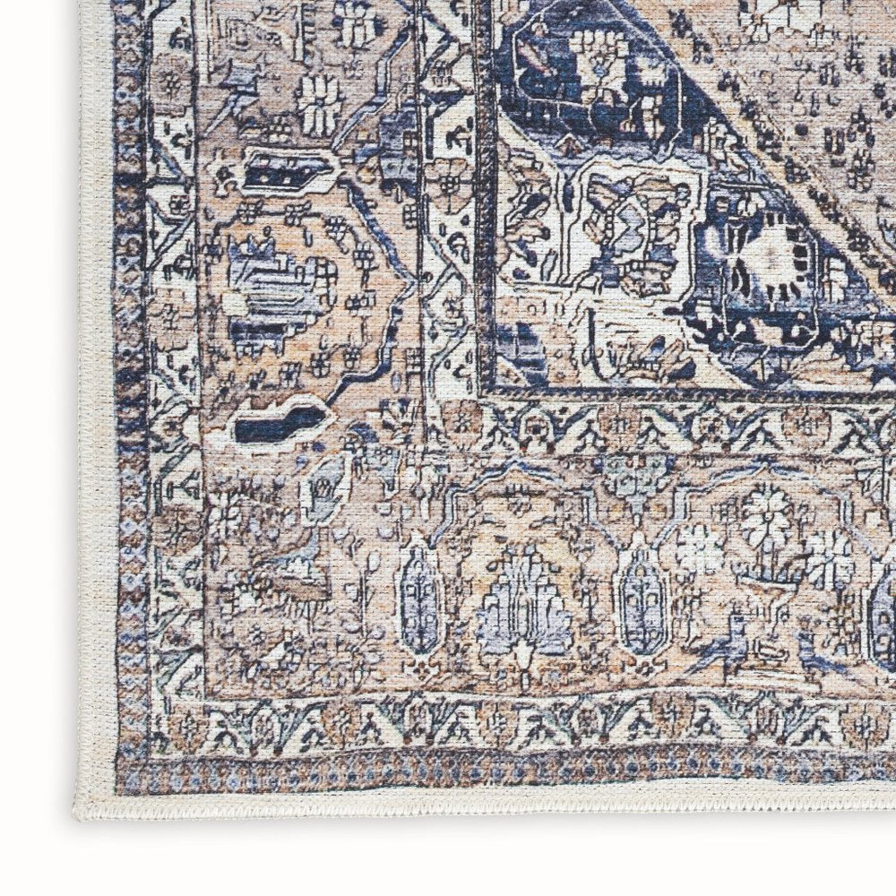 8' X 10' Ivory and Blue Oriental Power Loom Distressed Washable Non Skid Area Rug