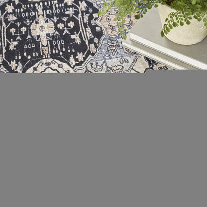 8' X 10' Ivory and Blue Oriental Power Loom Distressed Washable Non Skid Area Rug