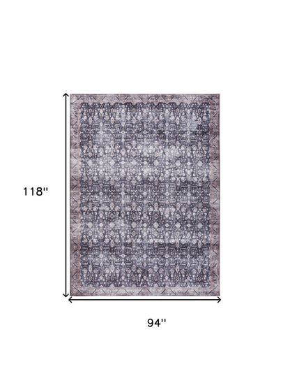 8' X 10' Blue and Ivory Oriental Power Loom Distressed Washable Non Skid Area Rug