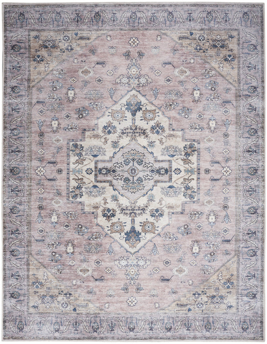 8' X 10' Pink and Blue Oriental Power Loom Distressed Washable Non Skid Area Rug