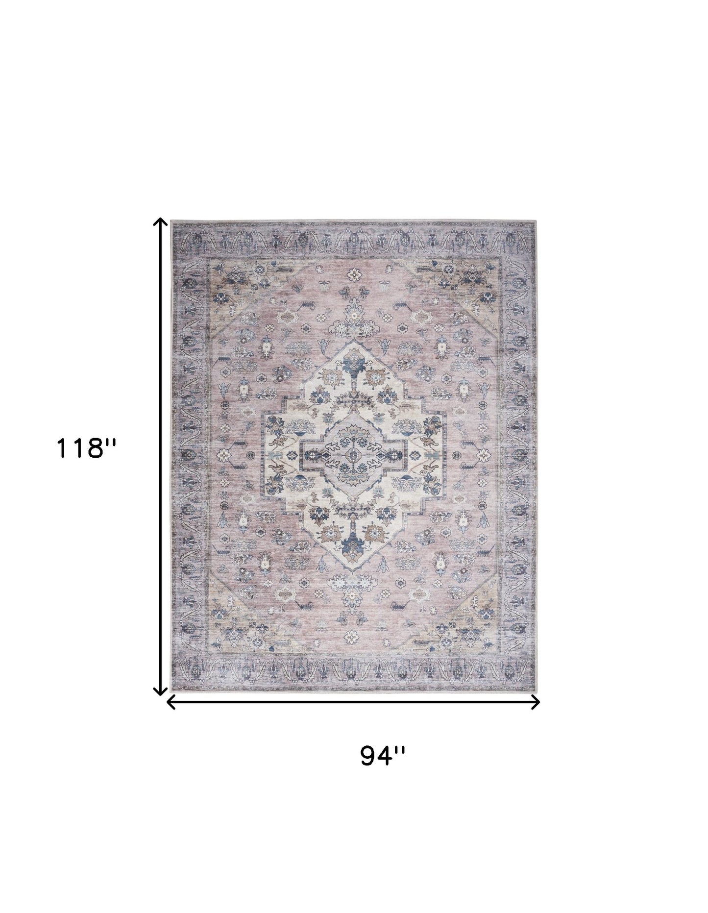 8' X 10' Pink and Blue Oriental Power Loom Distressed Washable Non Skid Area Rug