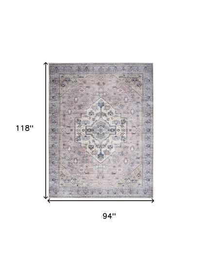 8' X 10' Pink and Blue Oriental Power Loom Distressed Washable Non Skid Area Rug