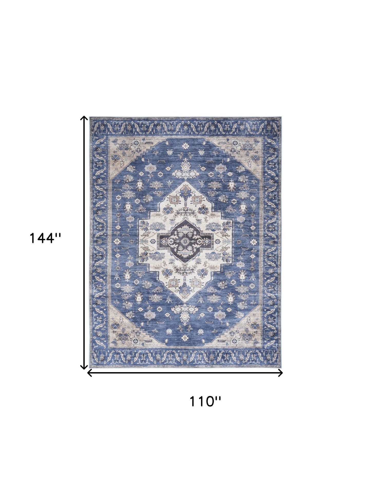 9' X 12' Blue and Ivory Oriental Power Loom Distressed Washable Non Skid Area Rug