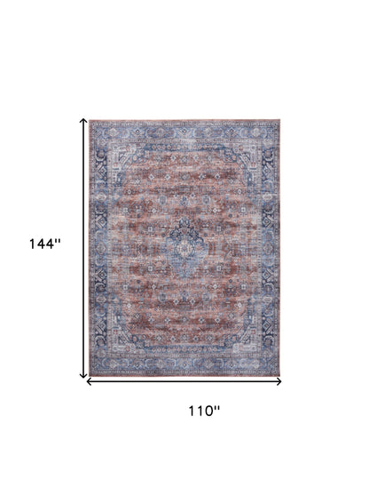 9' X 12' Blue and Red Oriental Power Loom Distressed Washable Non Skid Area Rug