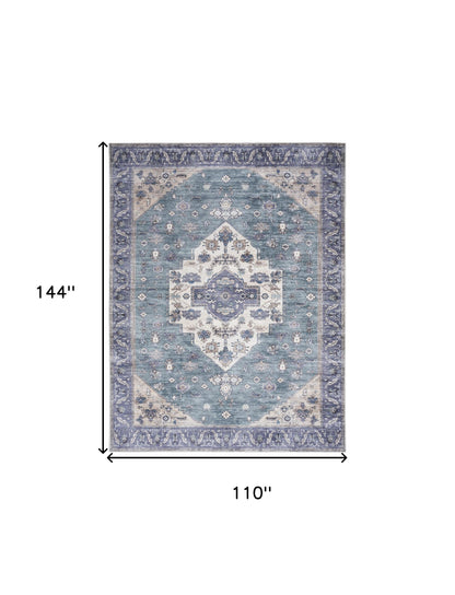 9' X 12' Blue and Green Oriental Power Loom Distressed Washable Non Skid Area Rug